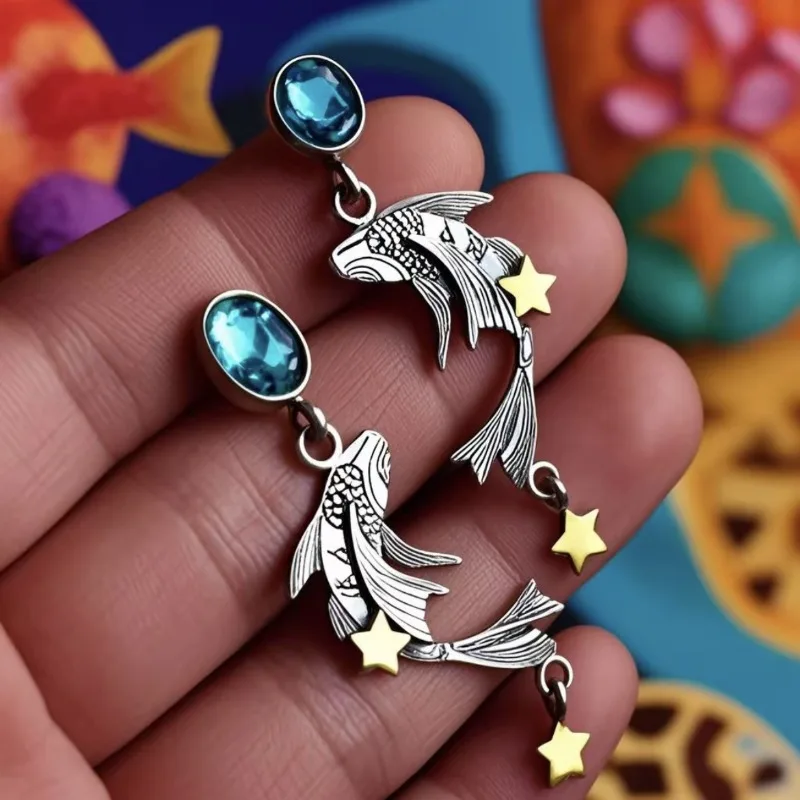 Huajie Star Goldfish Shape Ocean Moonlight Stone Inlay for Women Earrings Elegant Ear Delicate Jewelry Fashion Trend