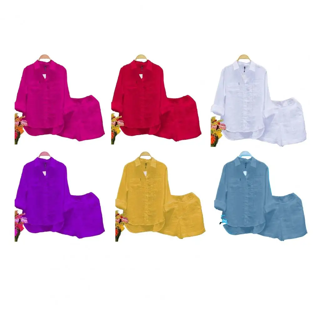 

2025 женский осенне-весенний наряд, женская рубашка, шорты, комплект с длинными рукавами, рубашка с лацканами и нерегулярным подолом, шорты, летний костюм, топ, шорты 2025