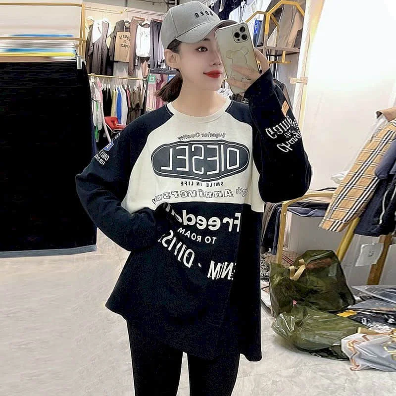 

T-Shirts Female O-neck Oversized Casual Pullover Loose Contrasting Colors Printed Long Sleeve Korean Style Vintage Women Clothes