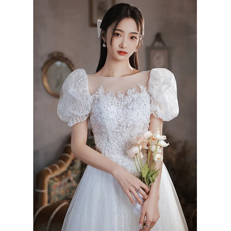 

Gorgeous White Evening Dress Elegant Puff Sleeve Lace Tulle Long Dress Large Size Women Wedding Partry Formal Occasions Gowns