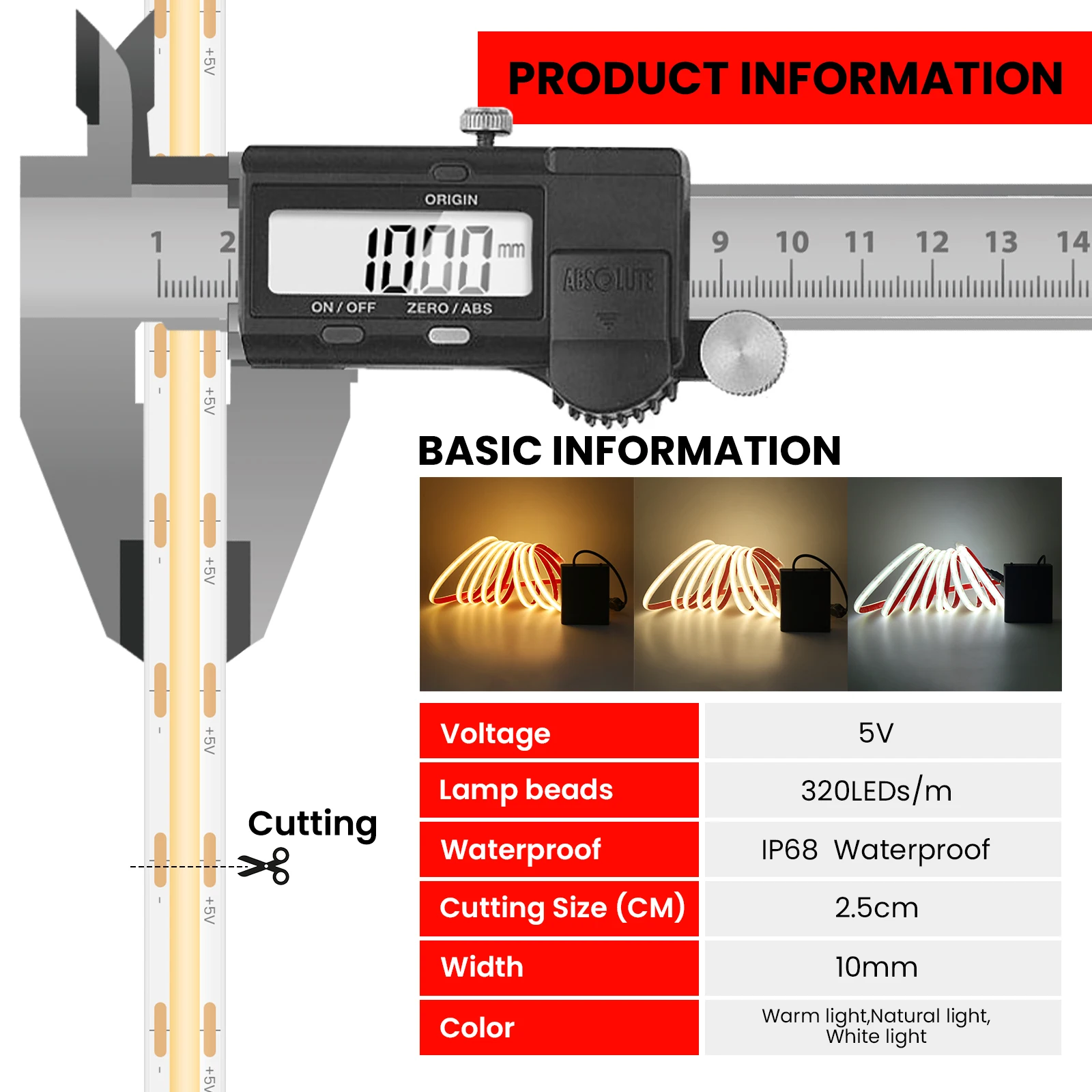 Battery Powered USB COB LED Strip DC5V 320LEDs/M IP68 Waterproof 3000K 4000K 6000K Flexible Adhesive Ribbon Outdoor Lighting