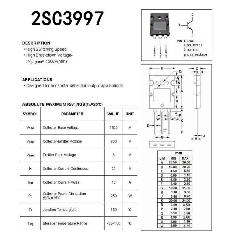 2sc3997 C3997 Triode Npn Toepasbaar Op Ultrasone Lasmachine Masker Machine Kant Machine Etc TO-3PL 250W 20a 800V