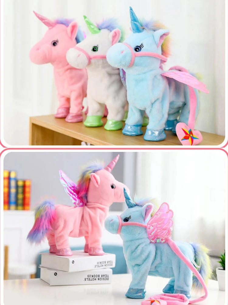 Unicornio caballo de peluche eléctrico para niños, Robot de peluche con música, juguetes para niñas, caminar, hablar, regalos para niños, 35cm