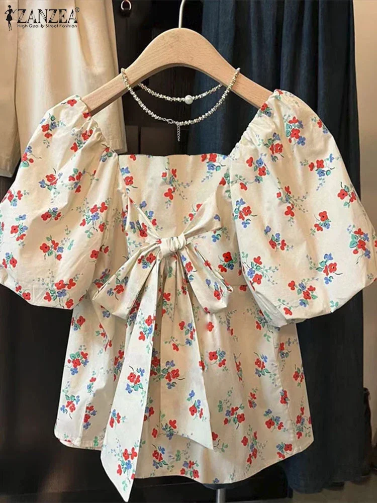 

ZANZEA Summer Women Bowtie Bandage Tops 2025 Fashion Square Collar Blouse Sweety Floral Printed Tunics Puff Short Sleeve Shirts