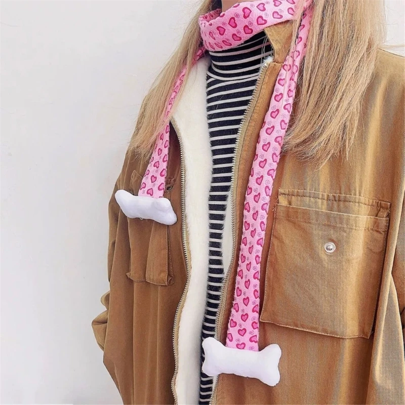 Love Heart Print Scarf for Adult with Plush Bone All Matching 2000s Cool Thin Scarf Pilling Resistant Streetwear Neck Wrap