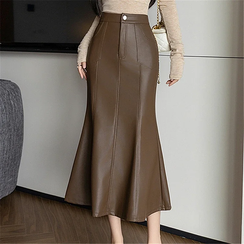 Vintage High Waist PU Leather Skirts for Women Autumn Winter New Fashionable Fishtail Wrapped Pencil Skirts Female