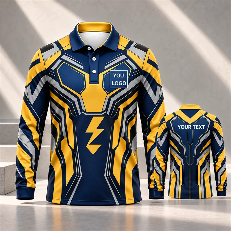 Futuristic Armor Long Sleeve Polo Shirt Men Custom Logo Text 3D Print Sports Jersey Cyber Style Teamwear for Club Racing Wear