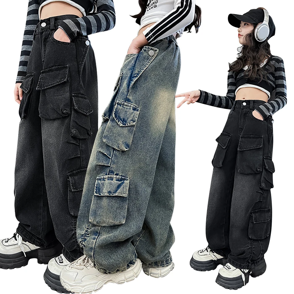 Girls Trendy Denim Jeans Spring and Autumn Perfect for Hip Hop Performances with Extra Pockets Decoration for Tweens Convenience