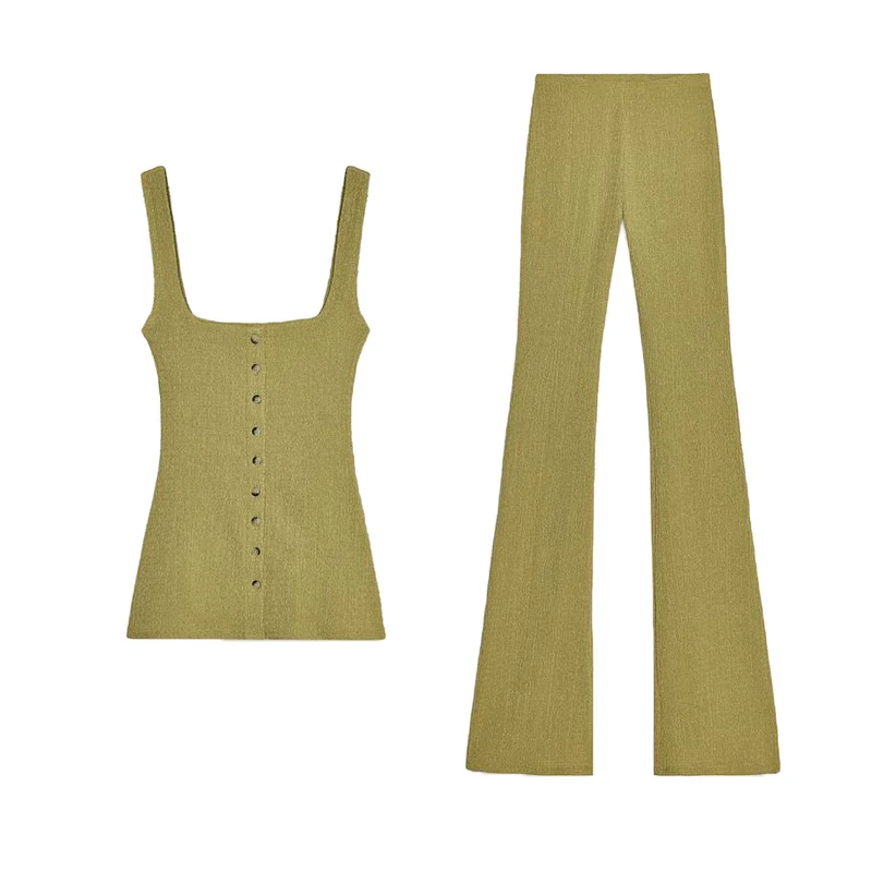 Colletto quadrato decorato con bottoni Tracolla larga T-shirt Svel Pantaloni a trapezio Pantaloni svasati a vita media Faion Set 2025 Sp...