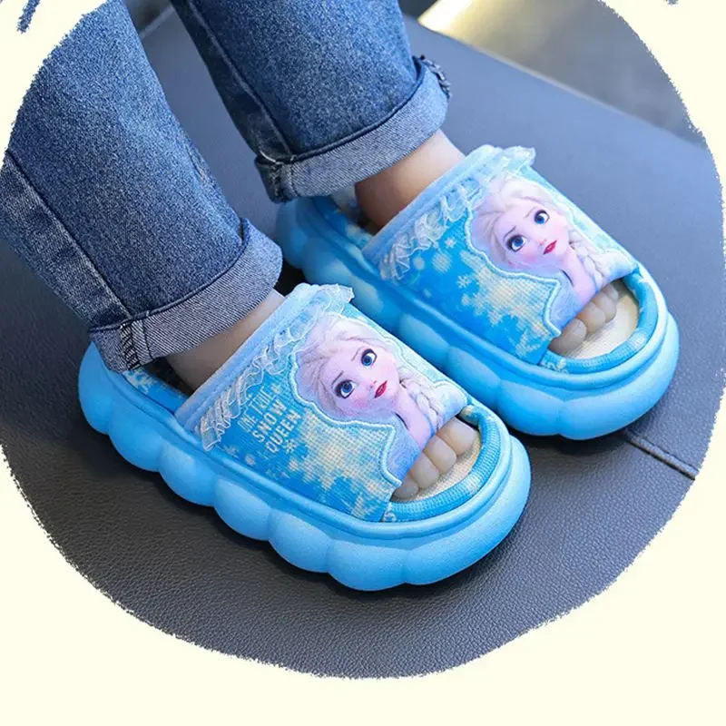 New Disney Children Flax Slippers Baby Girls Cartoon Princess Frozen Elsa Kids Indoor Anti-slip Beach Flip Flops Shoes 24-36