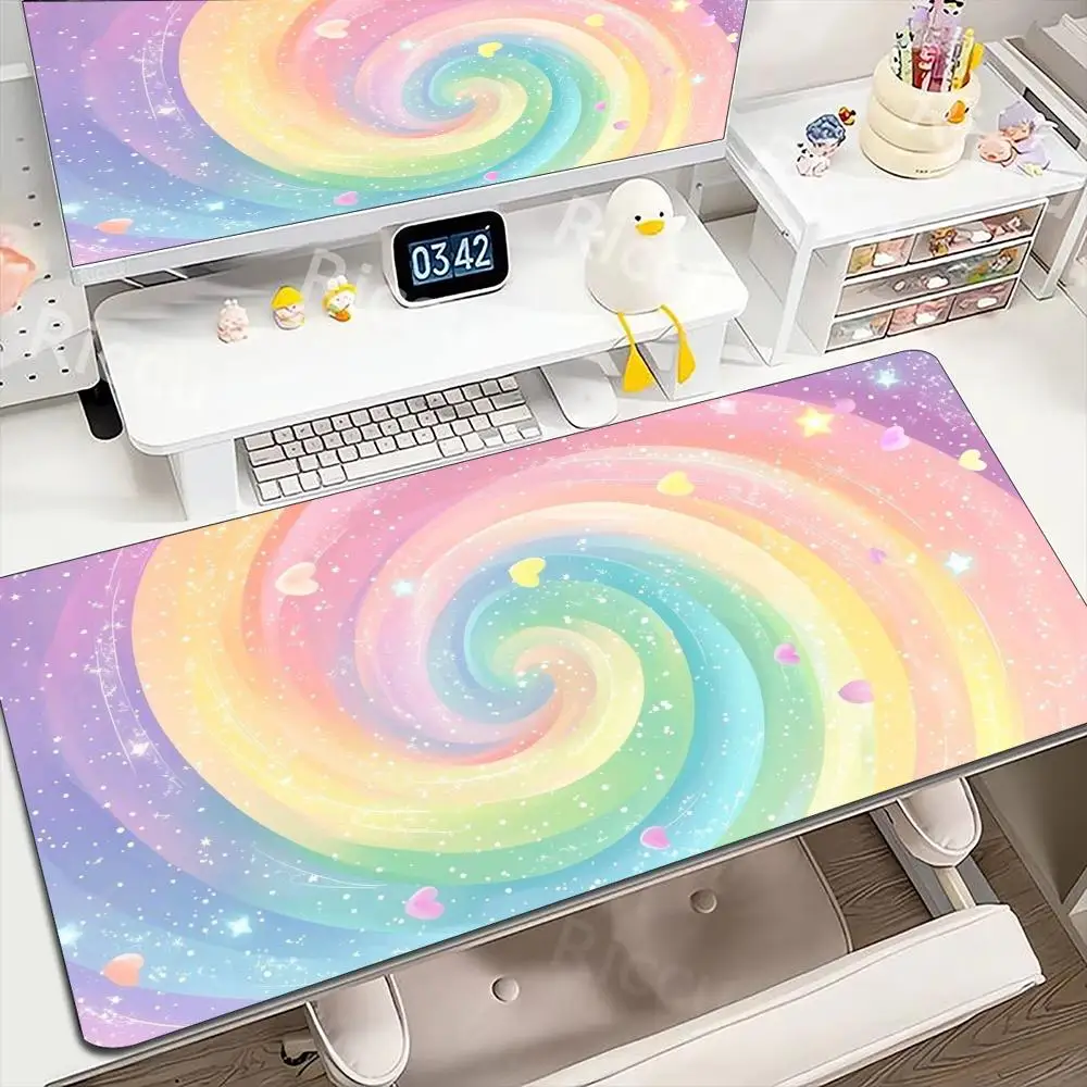 Rainbow Swirl Pastel Galaxy Art Pattern Large Gaming Mouse Pad Non Slip Rubber Desk Mat For Laptop Keyboard Home Office Desktop