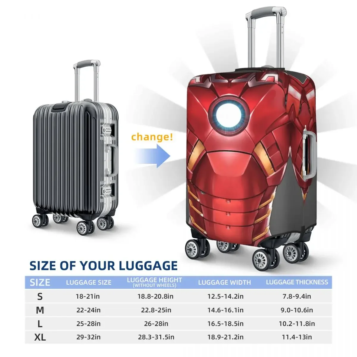 Custodia protettiva per valigia con stampa 3D Iron Man personalizzata per vacanze Anime Manga Custodia elastica per bagagli Protezione per viaggi in crociera