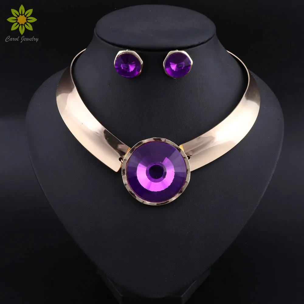 Gold Color Jewelry Sets for Women Round Purple Crystal Bridal Necklace Earrings Set Turkish Jewelry For Party Wedding