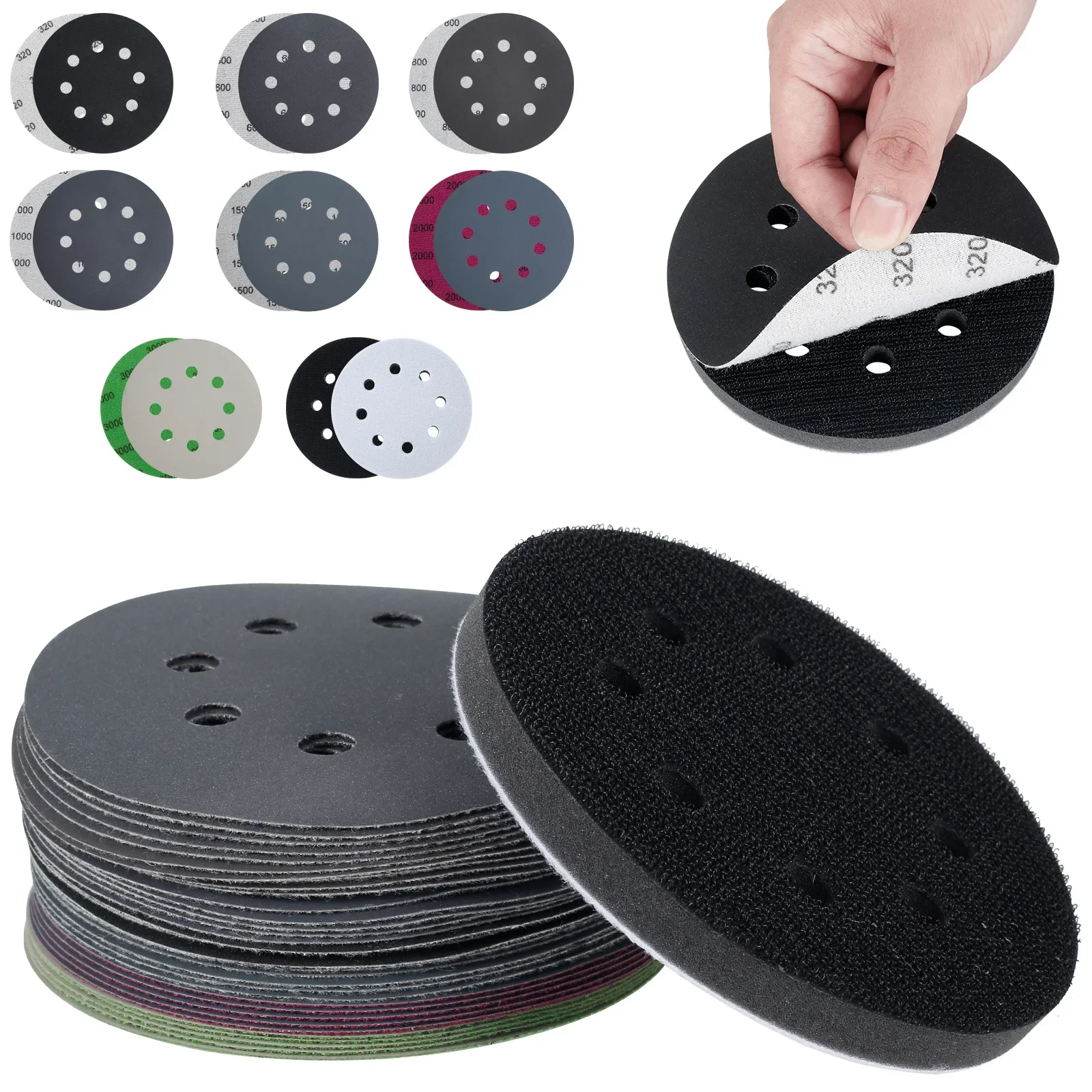 

36 шт. подушечки для шлифовальных дисков, 5 дюймов, наждачная бумага с крючком и петлей из карбида кремния, 320/600/800/1000/1500/2000/3000, смешанная зернистость, 8 отверстий, влажная и сухая
