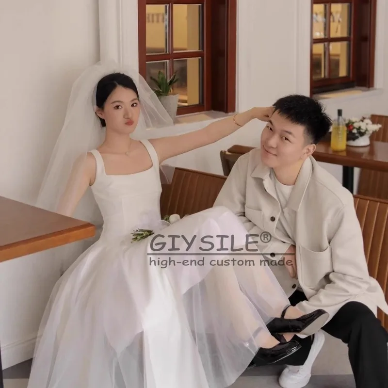 GIYSILE 맞춤형 화이트 패션 라이트 웨딩 새틴 간단한 스퀘어 타이 슬링 민소매 a 라인 메쉬 파티 드레스 기질
