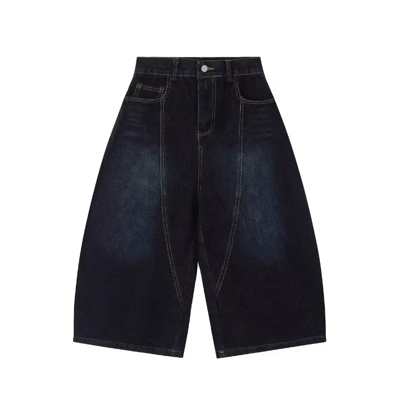 Men's Women's 2026 Summer American Retro Embroidered Curved Denim Shorts Loose Wide Leg Capri Pants Streetwear Jeans - view 2