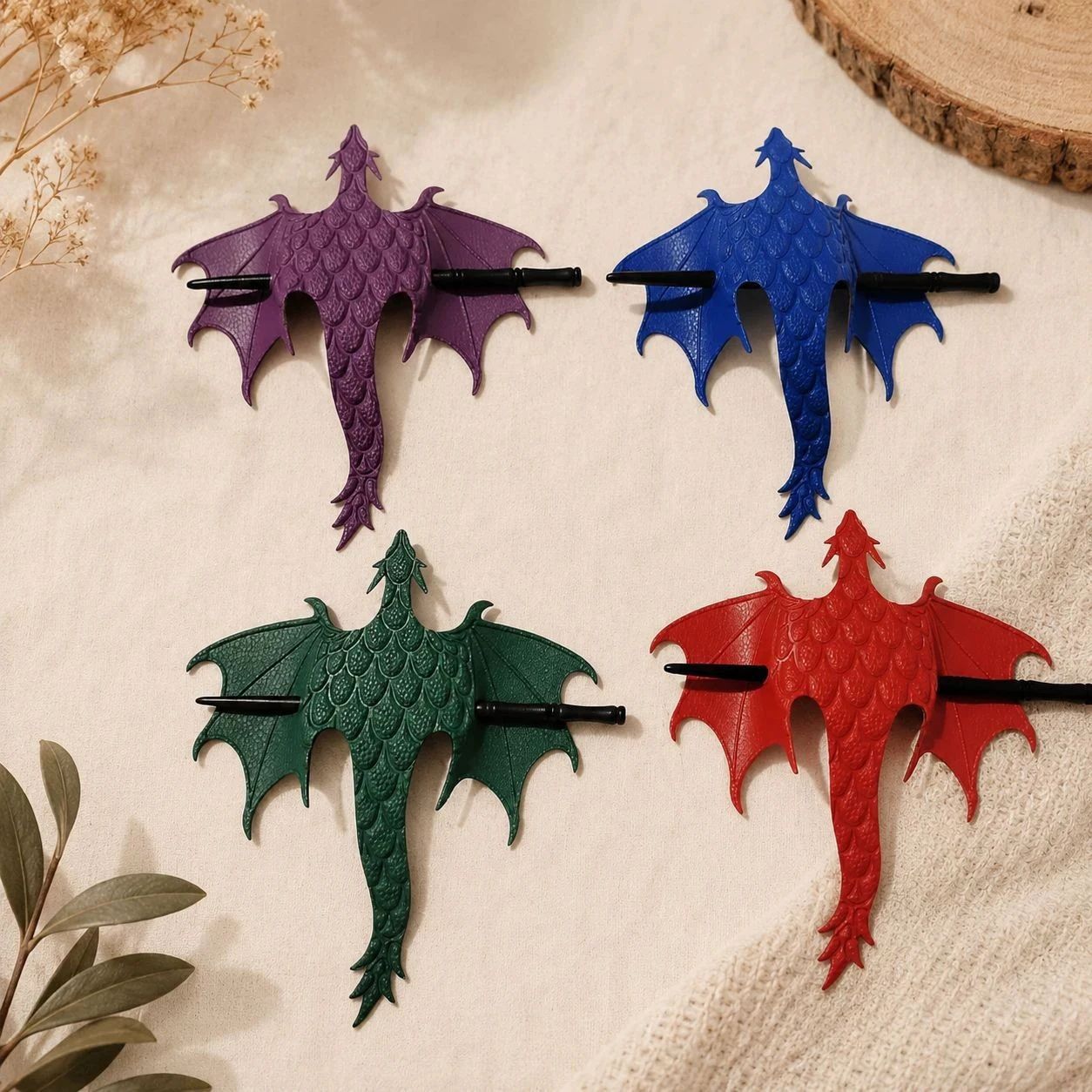 Medieval Dragon Hair Stick with Wooden Pin–Cosplay Accessory–Carved Leather Dragon Hair Ornament–Viking Fantasy Hair Accessory view 3