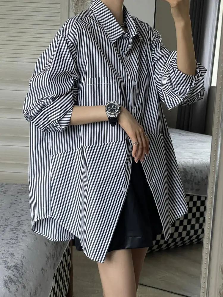 

Autumn Korean Grey Striped Loose Versatile Cardigan Sun Protection Shirt Tops Women's Long Sleeved Single Breasted Blouses Trend