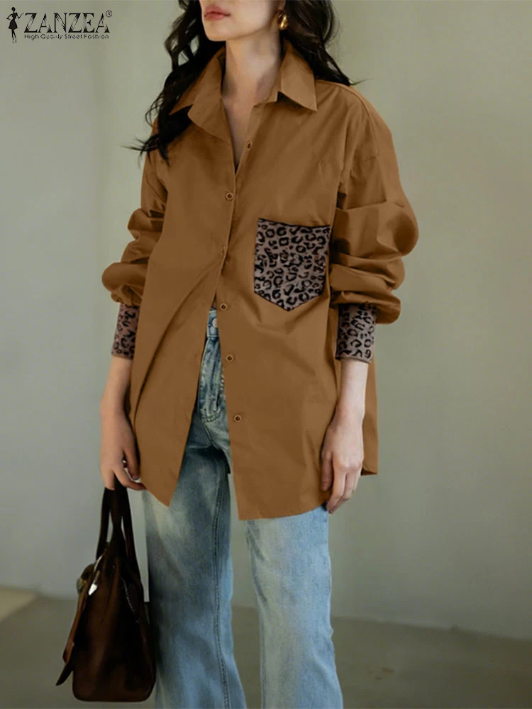 ZANZEA Women Shirts Fashion Patchwork Leopard Tops 2025 Vintage Long Sleeve Tunic Casual Loose Lapel Neck Elegant OL Work Blusas