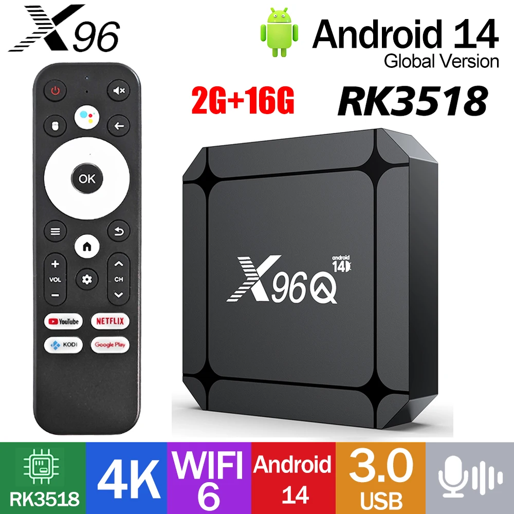 X96Q RK3518 Android 14 Smart TV Box 4K HD Set Top Box سريع جدًا ثنائي النطاق Wifi6 مشغل الوسائط Google Voice Assistant Remote 2 + 16G