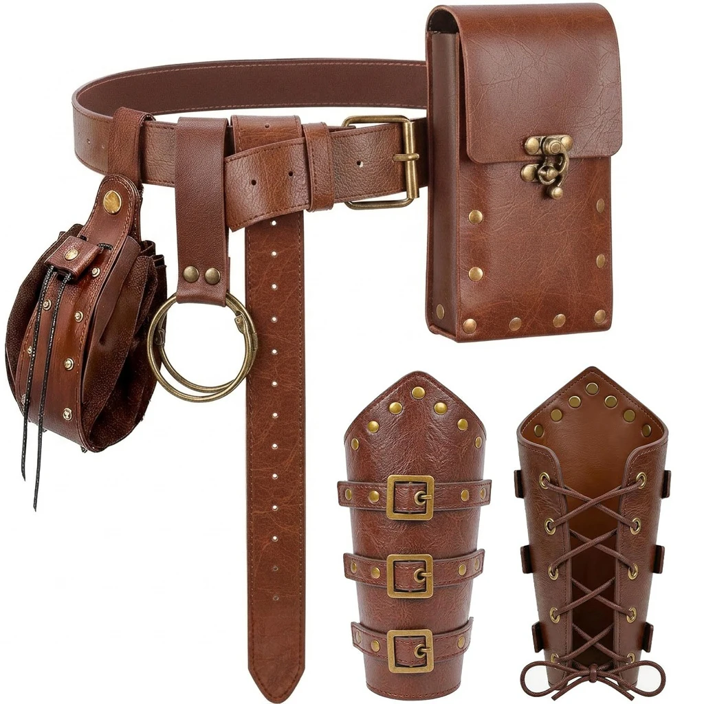 Renaissance Leather Belt Pouch Purse Viking Knights Leather Bracers Skirt Clip for Halloween Retro Medieval Festival Costume Cosplay