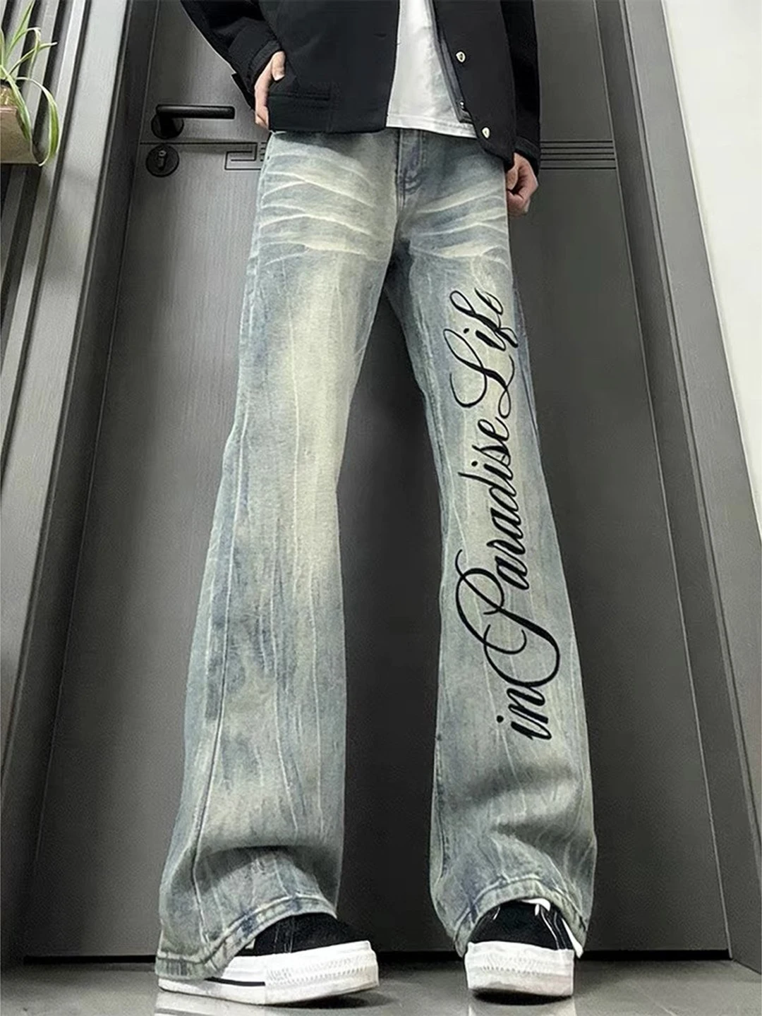 

Мужские джинсы American Waed Lightning Pattern с принтом, прямые брюки в стиле High Street, молодежная повседневная одежда