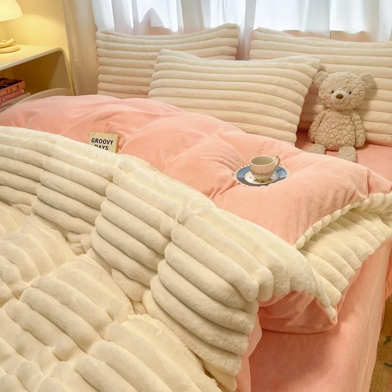 Thickened Striped Plush Bedding Four Piece Set Warm Anti-static Student Dormitory Bed-linen Machine Washable Colorfast Bed Cloth