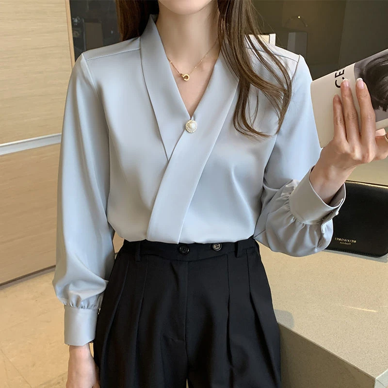 Office Ladies Blouses Women Satin V-neck Long Sleeve Blusas Social Formal Workwear Cozyy Pearl Ins Popular Modern Casual Tops