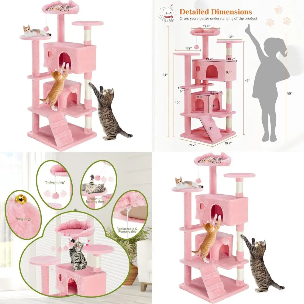 

Розовая домашняя кошачья башня с многоуровневой игрой, широким основанием, плюшевыми жердочками и съемной игрушкой
