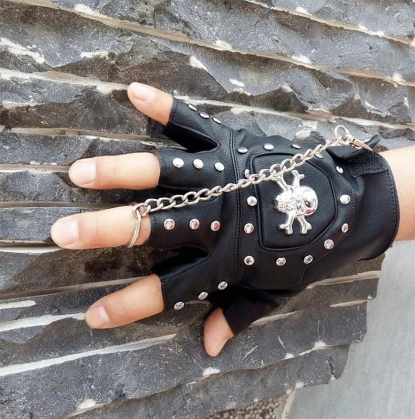 Punk Gothic Leather Pair Fingerless Biker Sports Mountain Gloves With Cranium Studded For Men