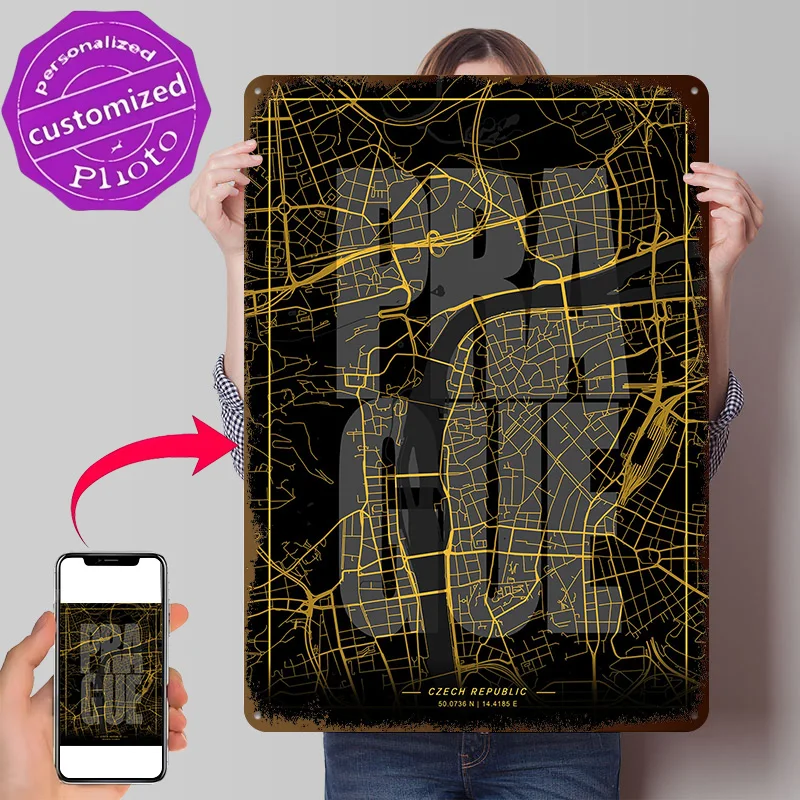 Prague City Map Art Personalized 3D Textured Metal Poster Wall Art Vintage Tin Signs for Room Decorations Home Decor Ornaments