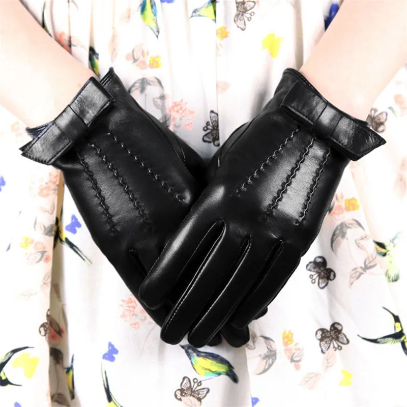 Real Leather Women Gloves Wrist Butterfly Knots Fashion Black Driving Sheepskin Gloves Female Two Lining Optional WF1602