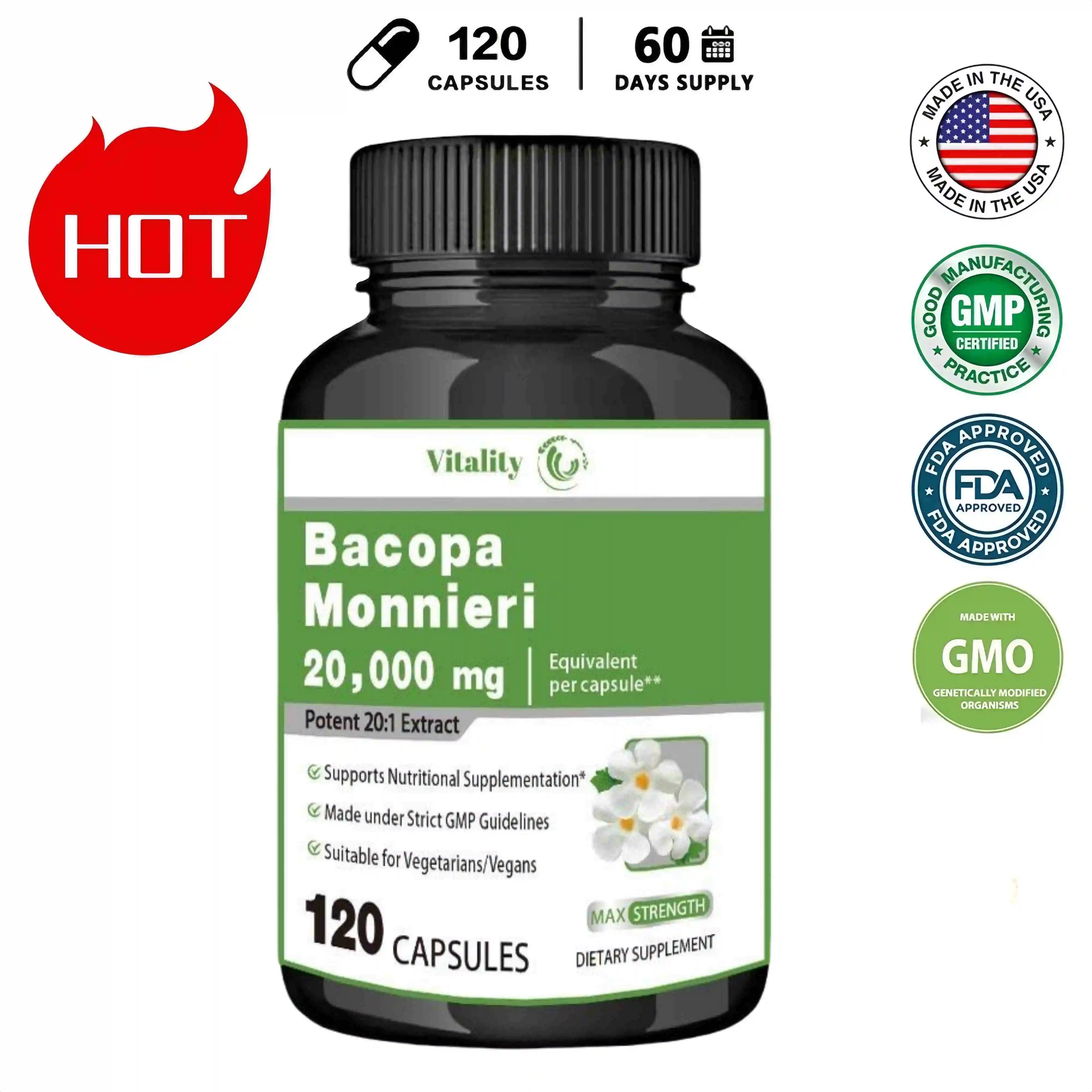 Vitality Bacopa Monnieri Extract 20,000 mg 120 Tablets (Extract 20:1, Non-GMO, Gluten Free)