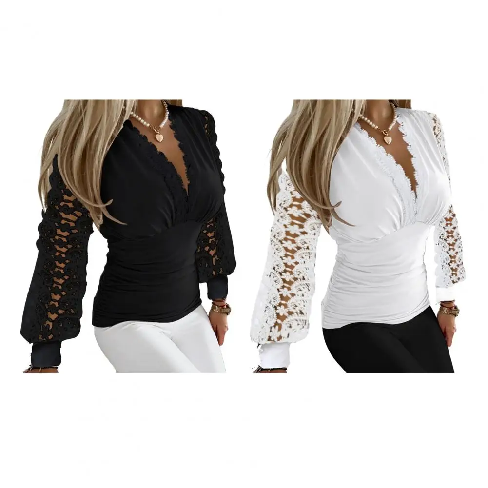 Blusa elegante de manga larga para mujer, camisa con costura de encaje y cuello en V, Color sólido, Top femenino, Otoño e Invierno