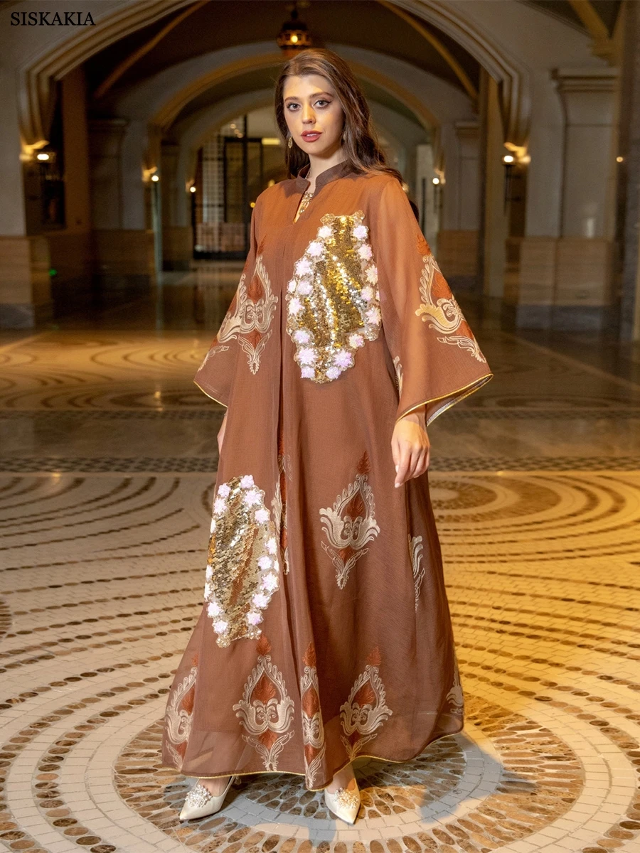 Siskakia Fashion Muslim Moroccan Caftan Dubai Abaya Dress Chic Sequins Embroider Notched Stand Collar Evening Party Robe Women