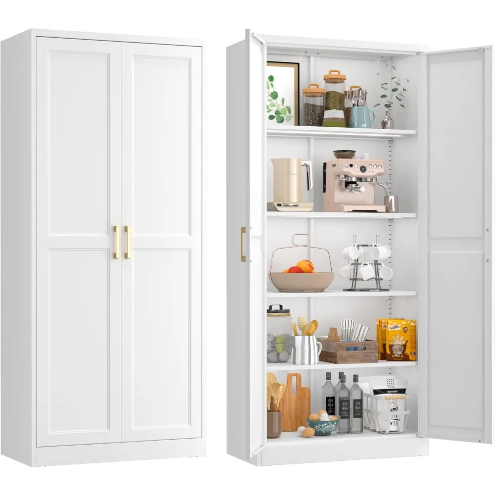 71 خزانة تخزين مخزن المطبخ، خزانة تخزين طويلة بيضاء مع أبواب ورفوف، خزائن مخزن طعام معدنية لمخزون المطبخ #1