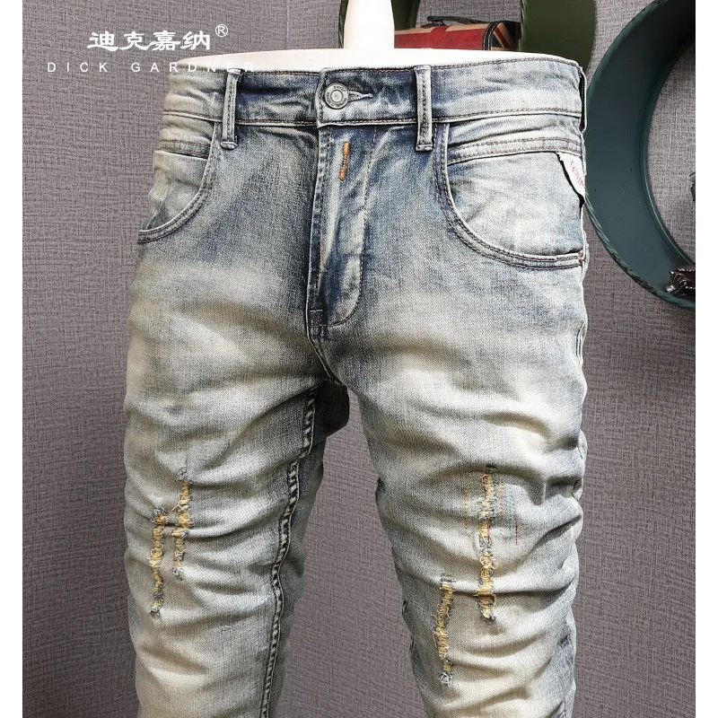 

2025 Autumn Retro Nostalgic Jeans for Men with Piercing Patches, Slim Fit, Elastic, Small Straight, Trendy Pants