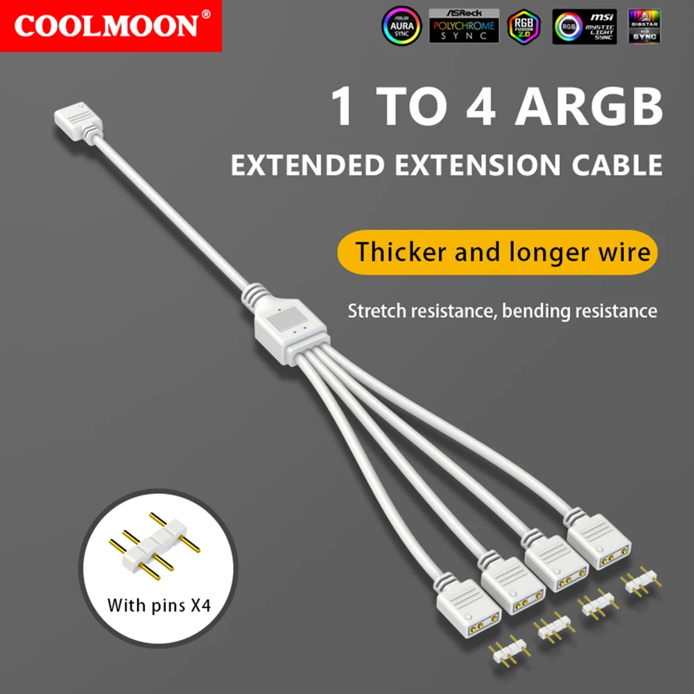 COOLMOON-Fan الفاصل لهيكل الكمبيوتر ، كابل تمديد اللوحة الأم ، مقاومة الشد ، 1 إلى 2 3 4 ARGB ، 5V ، موصل 3PIN