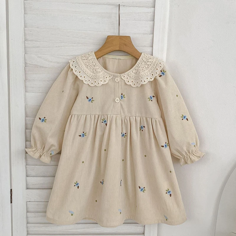 2025 New Autumn Sister Clothes 2-6Yrs Girl Party Dress Kids Princess Dresses Long Sleeves Corduroy Flower Embroidery Baby Romper