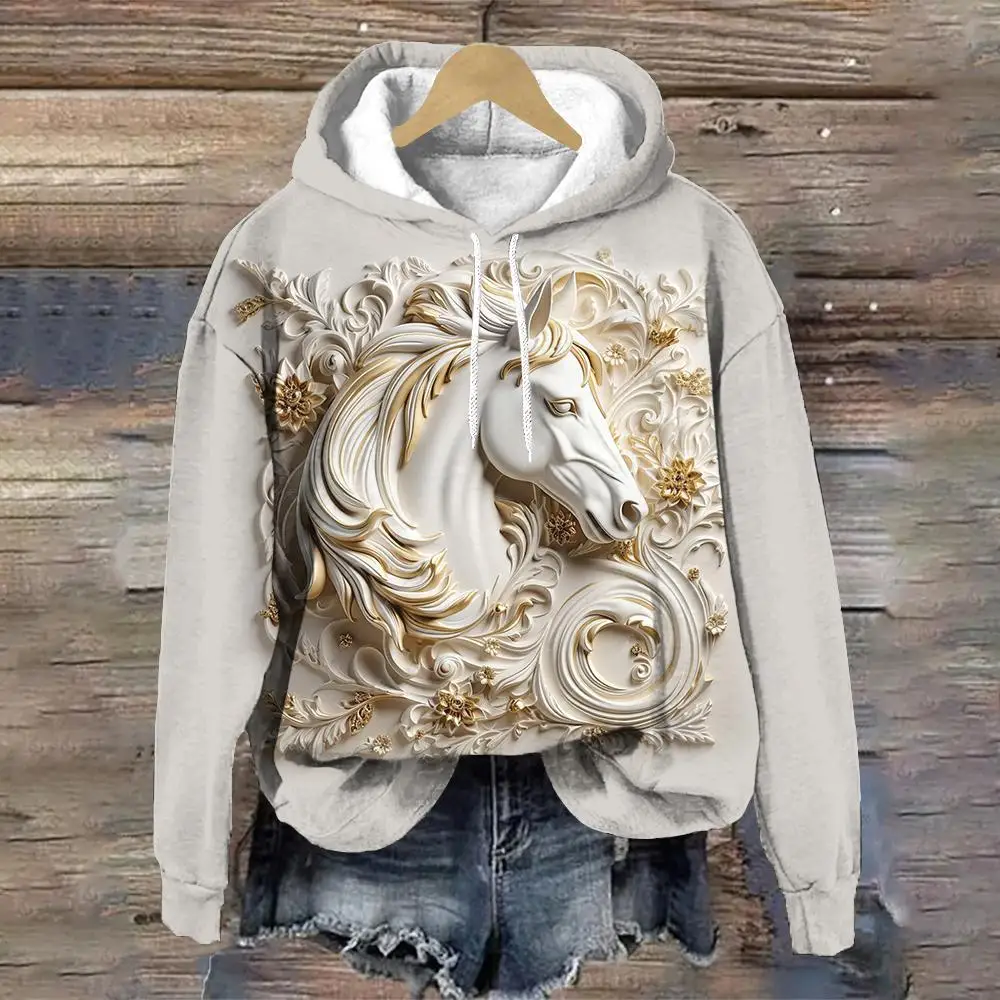 Horse Sculpture Designer No Pockets Women's Hoodie Fall/Winter Fashion Street Y2K Clothes Casual Loose Women's Sweatshirts