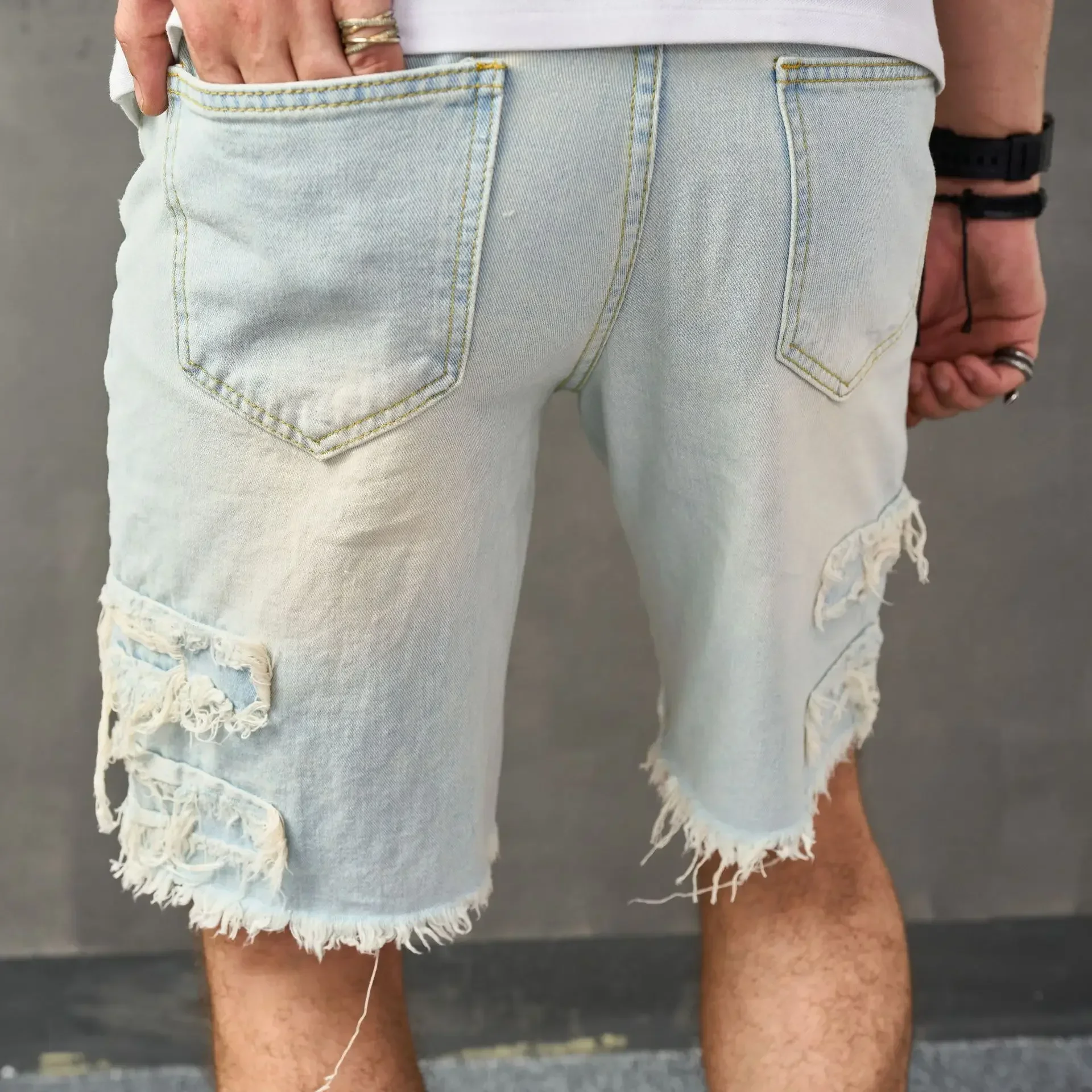 Summer Men's American Style Casual Vintage Washed Retro Blue Knee Length Jeans Pants Trendy Loose Short Denim Trousers Male