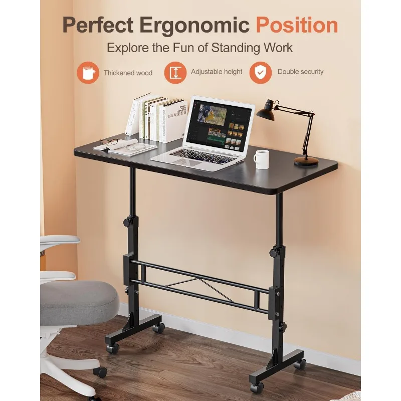 Small Standing Table Adjustable Height, Mobile Stand Up Rolling Desks with Wheels, 32 Inch Portable Computer Desk