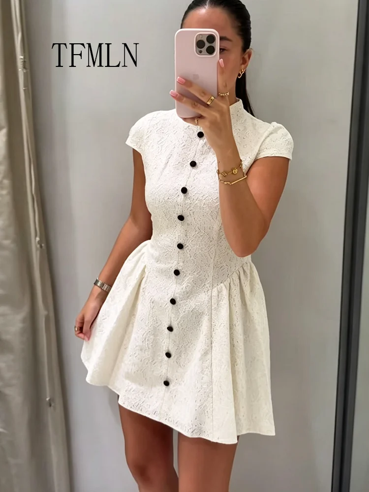 TFMLN Fashion Sweet Lace Mini Dress For Women 2026 New Causal Chic Single Breasted A-line Dress Elegant Short Sleeve Dress