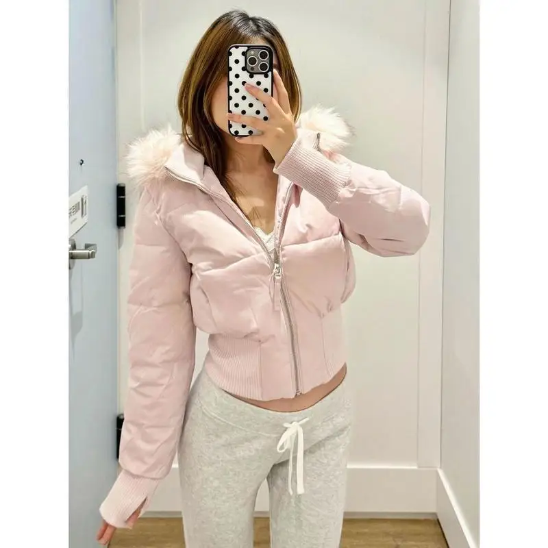 American Retro Pink Fur Collar Hooded Short Cotton Coat Women's Fashion Spring Season Regular Thickness Other Functions