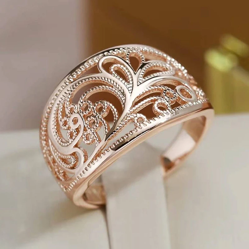 Huitan Rose Gold Color Hollow Leaf Rings for Women Temperament Lady Accessories for Party Fancy Anniversary Gift Fashion Jewelry