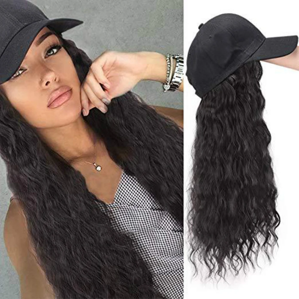 Long Corn Curly Hat Wig for Women Black Brown Wigs Connect Synthetic Synthetic Baseball Cap Hair Hat Wig Adjustable Fake Hair