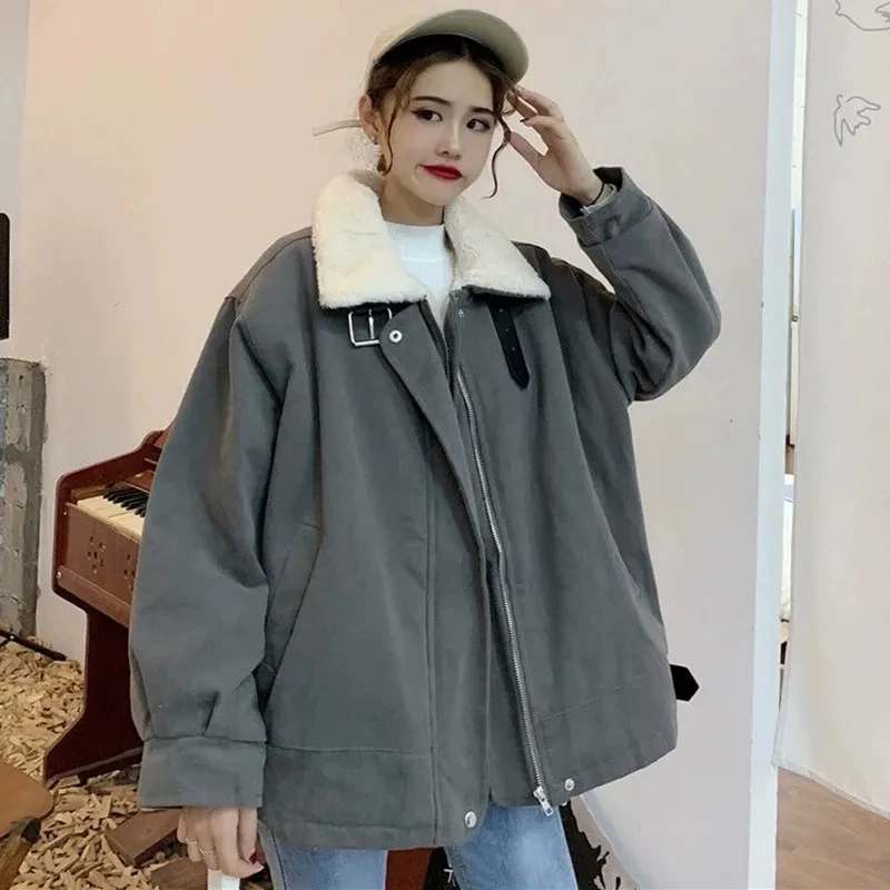 

2023 new winter coat South Korean women's loose zipper imitation rabbit velvet jacket thick warm cotton jacket