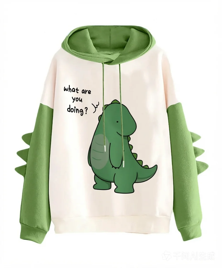 Printed Dinosaur Contrasting Patchwork Sweater With Plush Autumn Loose Round Neck Hooded Sweater Customizable Pattern Colors