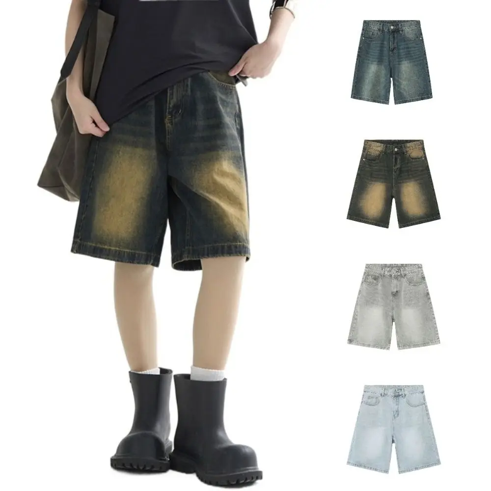 

Retro Ins Denim Shorts Men Loose High Waist Baggy Short Jeans Trousers Streetwear Denim Knee Length Pants Unisex