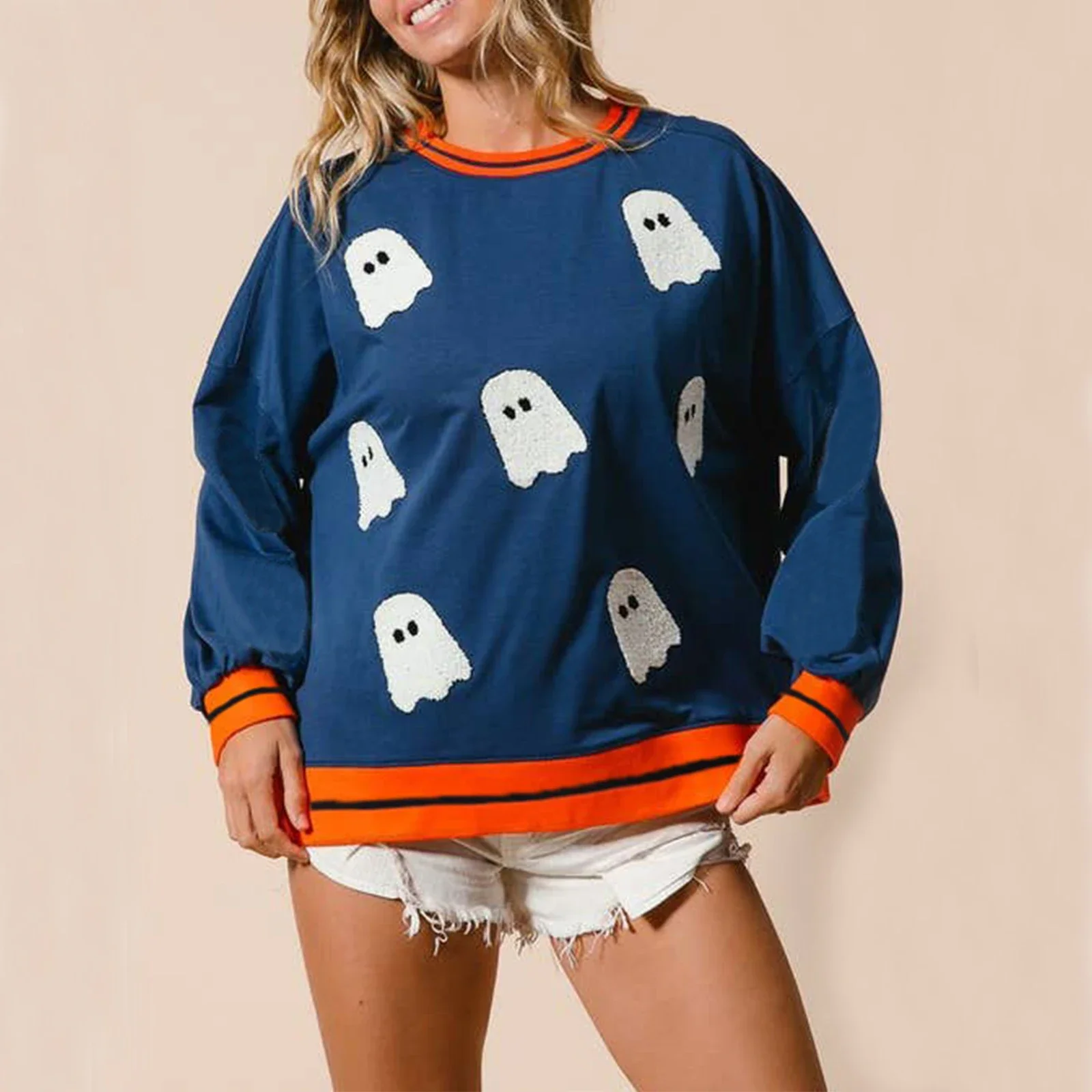 hirigin Women Halloween Ghost Print Sweatshirts Funny Graphic Spring Fall Crewneck Long Sleeve Harajuku Kawaii Pullover Outwear